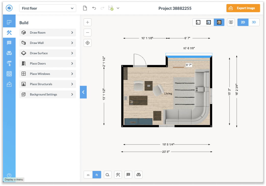 Floorplanner space planning software showing a decorated room floor plan