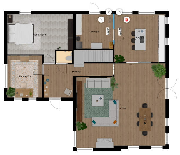 Top view of a colored 2D floor plan created with Floorplanner home design software