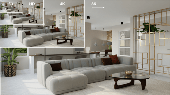 Visual representation of upgrading Floorplanner projects to higher levels (HD, 4K, 8K)