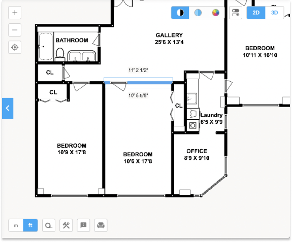 A screen 2d floorplan inde Floorplanner tool, selecing a wall